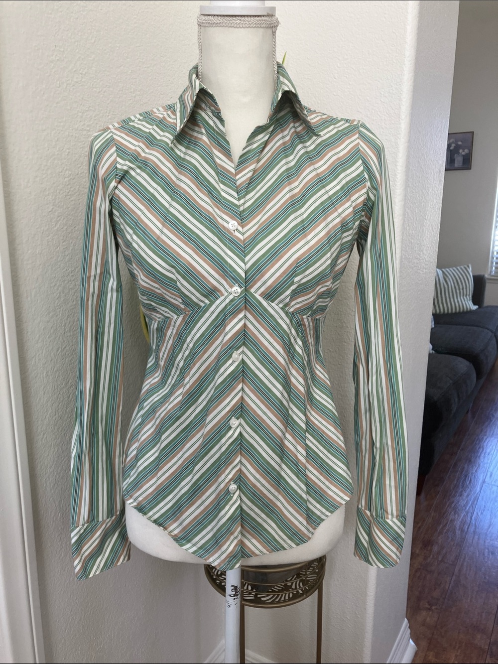 LOFT Green & Cream Striped Button-Down Shirt
